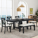 TOPMAX Farmhouse 82inch 6-Piece Extendable Dining Table with Footrest, 4 Upholstered Dining Chairs and Dining Bench, Two 11'Removable Leaf, Black+Beige Cushion (old sku: SP000023AAB)