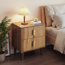 Medieval-style modern bedside table with double drawers for storage and solid wood legs; bedroom side table, bedside storage cabinet, compact bedside table, walnut color.