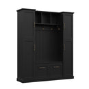 Farmhouse Elegant Hall Tree with 4 Side Cabinets, All-in-One Mudroom Furniture with Adjustable Shelves & Open Cubbies, Beadboard Entryway Bench with Coat Rack & 5 Hooks for Hallway, Black