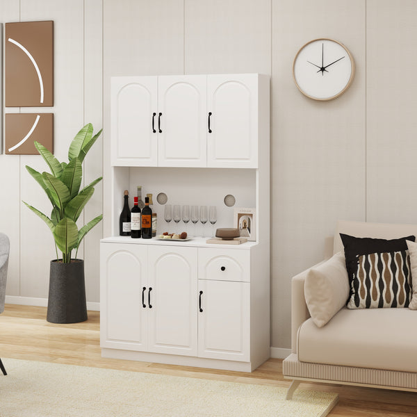 71' Kitchen Pantry Storage Cabinet with Microwave Oven Countertop, Freestanding Hutch Cabinet with Adjustable Shelves, 6 Doors and 1 Drawer-White