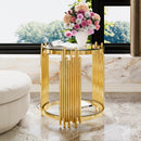 Modern Transparent Glass End Table for Living Room, Round, Asymmetrical Metal, Gold Finish & Lower Shelf, 19.8'