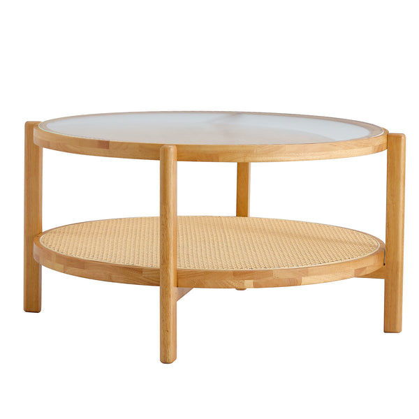 Modern Style Circular Double-Layer Solid Wood Tea Table with Rattan Weave, Natural Wood Finish, 34.64 Inches