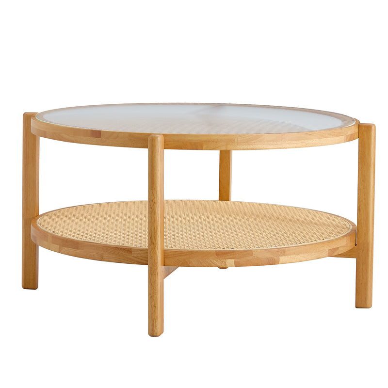 Modern Style Circular Double-Layer Solid Wood Tea Table with Rattan Weave, Natural Wood Finish, 34.64 Inches
