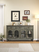 59.06' Farmhouse Sideboard Buffet Cabinet, Distressed Wood Credenza with 3 Drawers & 4 Glass Doors, Rustic Storage Cabinet with Shelves for Kitchen, Dining Room, Living Room, Black & Gray