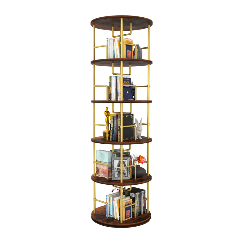 5 Tier Rotating Bookshelf, 360° Display Round Spinning Bookshelf,  Wood & Metal Stackable Spinning Bookshelf Tower, Space Saving Floor Standing Swivel Bookcase for Bedroom, Living Room, Office, Gold
