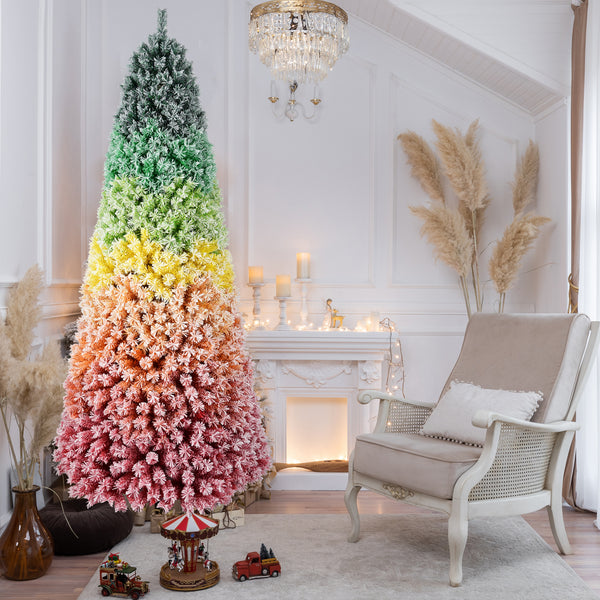 6ft Rainbow Gradient Flocked PVC Christmas Tree with 1326 Tips, Colorful Full-Bodied Artificial Pine with Snowy Finish, Hinged Design and Sturdy Metal Stand for Holiday Decoration