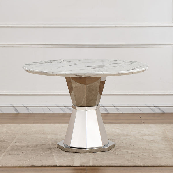 47' Round Marble Dining Table, Modern Kitchen Table with High Gloss Faux Marble Tabletop and Stainless Steel Base for Dining Room, Kitchen (Sliver,White)(only table)
