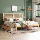 King Size Bed with Rattan Headboard, Two Storage Drawers, Rubber Wood Bed with Enhanced Support Salts and Feet,White Oak