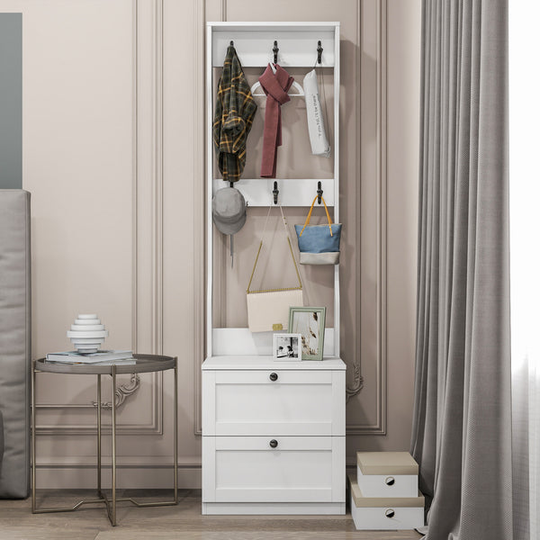 2-in-1 Coat Rack and Nightstand,Wood Bedside/Entryway Storage Organizer with Drawer & Hooks, Freestanding Clothes Hanger for Bedroom,Hallway