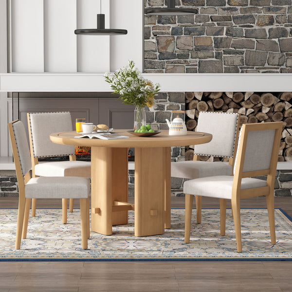 TREXM 5-Piece Round Dining Table Set for 4, Minimalist Farmhouse Dining Table with 4 Solid Wood Upholstered Chairs, Kitchen & Dining Room Sets (Natural)