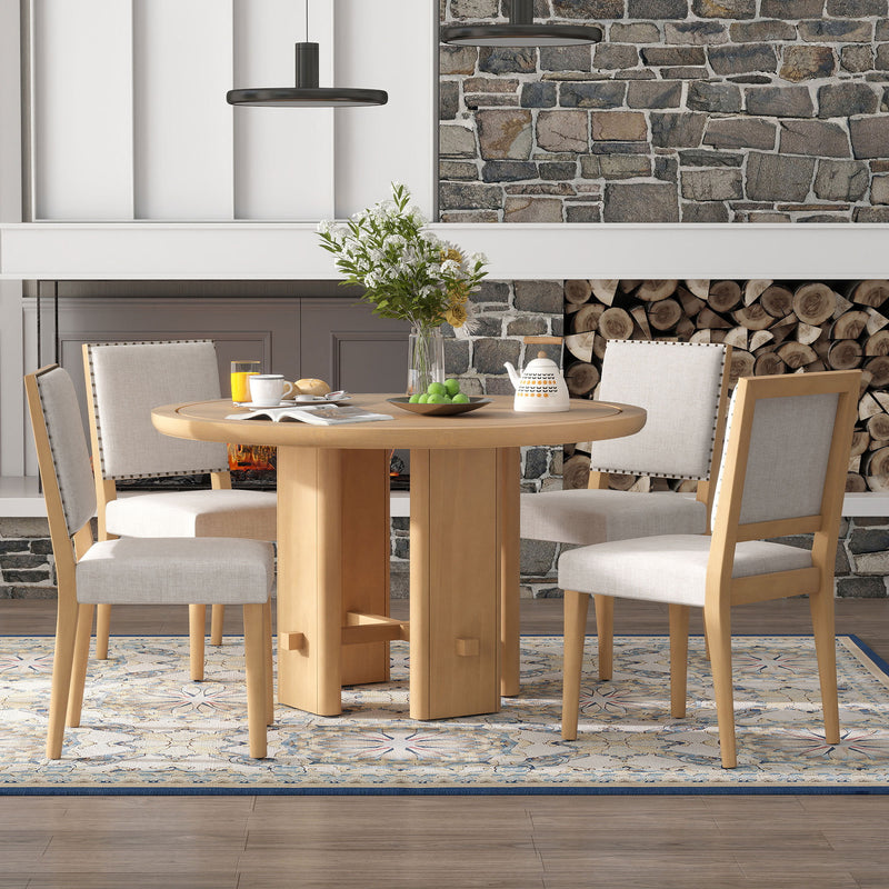 TREXM 5-Piece Round Dining Table Set for 4, Minimalist Farmhouse Dining Table with 4 Solid Wood Upholstered Chairs, Kitchen & Dining Room Sets (Natural)