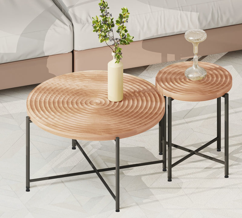 2-Piece Coffee and End Table Set – Waterproof MDF with PVC Cover, Distressed Cylindrical Design, Black Metal Legs – Classic Rustic Charm, Red Cedar-Brown