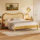 Mid-Century Modern King Platform Bed Frame with Curved Rattan Cane Headboard, Boho Scandinavian Natural Style Bed, King Size Bed for Bedroom, No Box Spring Needed, Natural