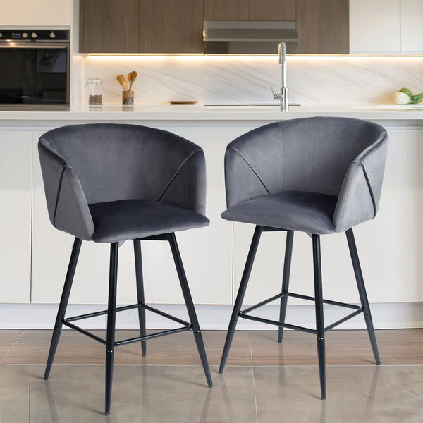 ALDRIDGE 26in Swivel Counter Stool Set of 2 - Grey Velvet with Black Metal Legs