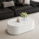 33.46' Oval Hidden Storage Coffee Table - 3C Certified Tempered Glass Top & Premium Leather Upholstered, Modern White Storage Coffee Table for Living Room