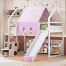 Twin size Wooden Loft Bed House-shaped Frame with a Tent, White+Pink(OLD SKU:LT000682AAK)
