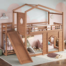 Twin Size House Loft Bed with Slide, Bookshelves and Built-in Wardrobe, Wood Loft Bed Frame with Round Window and Arched Door, Natural