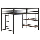 Adam Sturdy Junior Twin Loft Bunk Bed Metal Black with Cinnamon Wood Shelf for Kids and Adult, Low Profile Junior Twin Loft Bunk Bed with Ladder and Guardrails, Easy Climbing, Beds for Bedroom
