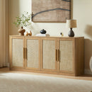 67' Rattan 4-Door Buffet Cabinet, Boho Sideboard, Large Credenza Sideboard Buffet for Living Room, Hallway and Kitchen, Caramel Oak, 67''W x 15.75''D x 31.5''H.