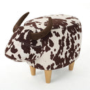 Cow-Shaped Modern Ottoman Footstool in Brown and White Fabric with Velvet Horns, Birch Legs, 25.25 x 14.00 x 16.75 inches