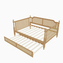 Traditional Style Rattan Full Size Daybed with Trundle in Antique Walnut, Solid Pine Wood and PE Rattan Frame, 79.7 x 41.7 x 37 inches