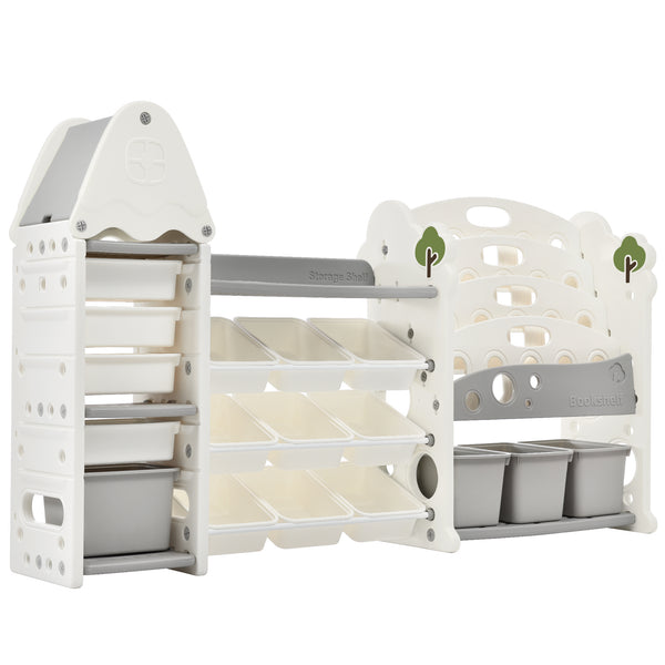 Multi-functional Kids Bookshelf Toy Storage Organizer with 17 Bins and 5 Bookshelves in Gray HDPE