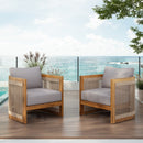 [Set of 2] Premium Acacia Wood Outdoor Club Chair, Curved Tub Design with Woven Rope Accents, Water-Resistant Cushions, All-Weather Slat Construction