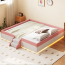 King Size Upholstered Floor Bed with Fence, 2-Tier Steps and Smart LED Lights,Pink+White