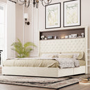 Queen Size Velvet Tufted Soft Bed Frame with USB Port and Night Light,52'' High Headboard with Rivet Decoration, Wing-back Platform Bed with Headboard Shelf, Beige