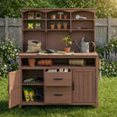 (With Assembly Video)TOPMAX Large Fir Wood Potting Bench, 45.3''L Multi-Functional Outdoor Patio Kitchen Island with Hutch, Cabinets, Drawers & Hooks , Large Countertop for Gardening, Grill, Brown
