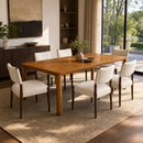 7‑Piece Dining Table Set for 6,70' Rectangular Rubber Wood Dining Table in Walnut Finish, 6 Padded Dining Chairs with Beige Fabric Upholstery & Rubber Wood Walnut Frame, Dining Room Furniture Set