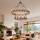 47.24 Inch Large  Wagon Wheel Chandelier,2Tier 36-Lights Farmhouse Industrial Country Style Round Pendant Light Fixture for Outdoor Porch high Ceilings Living Dining Room Foyer Entryway-Wood Grain E12