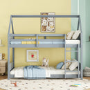 Twin Over Twin House Floor Bunk Bed with Headboards, Footboards and Guardrails, Ladder, Rubber Wood Bunk Bed with Safety Guardrails,Light Grey