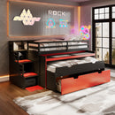 Twin XL Loft Bed with Pull-Out Desk and Twin Trundle, Multi-Functional Bunk Bed with 2 Storage Drawers and Storage Steps, Space-Saving Gaming & Workstation Bedframe, Black+Red