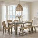 6-Piece Extendable Wood Dining Table Set for 6, 59'-73' Expandable Kitchen Table with 4 Rattan Dining Chairs & 1 Bench, Natural Woven Seats, Modern Farmhouse Dining Room Furniture Set, Light Taupe