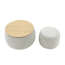 Light Grey Round Storage Ottoman, 2 in 1 Function End Table and Ottoman with Small Seat, Eucalyptus Wood and Foam