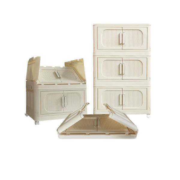 Cream White 19.69' Side Wide Folding Storage Cabinet ,3 Tiers,19.69'×11.81'×31.1',Collapsible Storage Bins with Magnetic Door, Plastic Storage Cabinet with Wheels