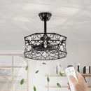 19.3''H Black Caged Ceiling Fan with Light, Crystal Flower Ceiling Fans with Lights and Remote, Modern Industrial Fandelier Ceiling Fan for Hallway, Bedroom, Living Room