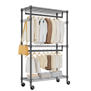 Heavy Duty Rolling Garment Rack 3 Tiers Adjustable Wire Shelving Clothes Rack with 2 Rods and Side Hooks,Storage Closet Clothing Rack with Wheels Black 15.7' D x 29.5' W x 74.5' H