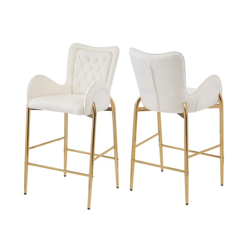 Velvet Counter Height Bar Stools Set of 2 with Golden Legs and Footrests, White, 28.75 inches