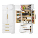 K&K 78.2' Tall Farmhouse Kitchen Pantry Cabinet with 8 Door Shelves, Storage Cabinet with 3 Adjustable Shelves, 3 Large Drawers, Versatile Cupboard for Kitchen, Dining & Bathroom, Retro White