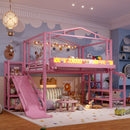 Full Size Loft Bed with Storage Stairs, Shelves and Built-in Wardrobe, Metal Loft Bed Frame with USB Ports and LED Lights, Noise-reduced Design, Pink