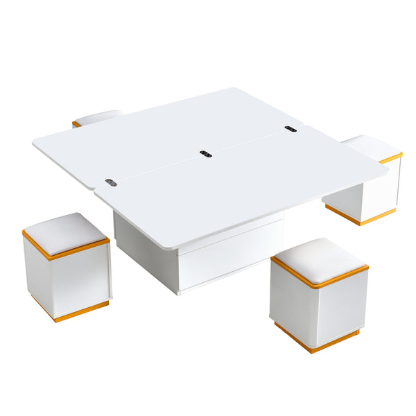 [Video Provided] U-Can Lift-Top Coffee Table with 4 Storage Stools, Modern Space Saving Center Table with Foldable Top, Multi-Functional Adjustable Coffee Table for Living Room