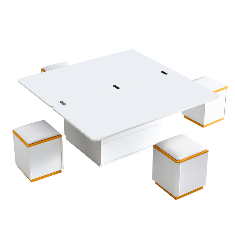 [Video Provided] U-Can Lift-Top Coffee Table with 4 Storage Stools, Modern Space Saving Center Table with Foldable Top, Multi-Functional Adjustable Coffee Table for Living Room