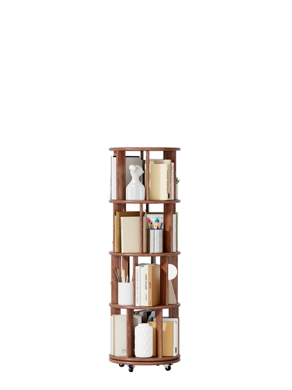 100%Solid Wood Rotating Bookshelf on Wheels, 4 Tier, Round Revolving Bookcase, 360° Spinning Book Shelf Tower for Kids, Narrow Rolling Bookshelves for Small Space, Corner, Bedroom, Office, Walnut
