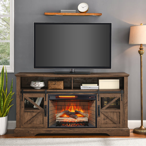 60 Inch Electric Fireplace  Entertainment Center With Door Sensor-Reclaimed Barnwood Color
