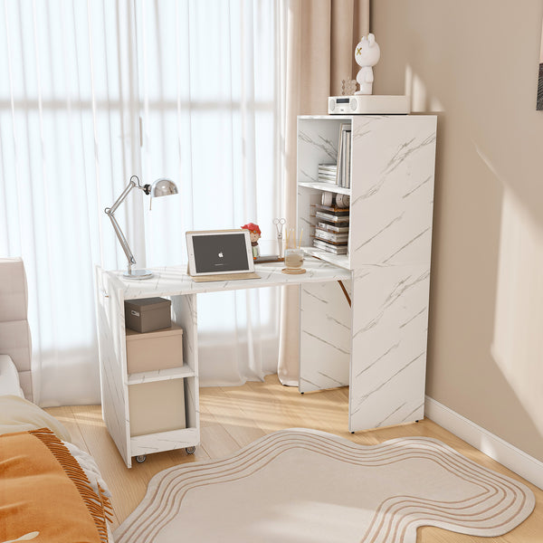Stretchable desk, office desk with storage shelves and mobile wheels, foldable desk suitable for small apartments and offices, white marble