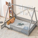 Full Tent-shaped Floor Bed, with Guardrails, Slats, Door ,Grey