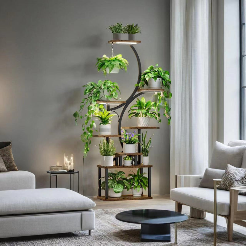 8-Tier Indoor Plant Stand with Grow Lights, 61 in S-Shaped Metal Shelf for Multiple Plants, Black