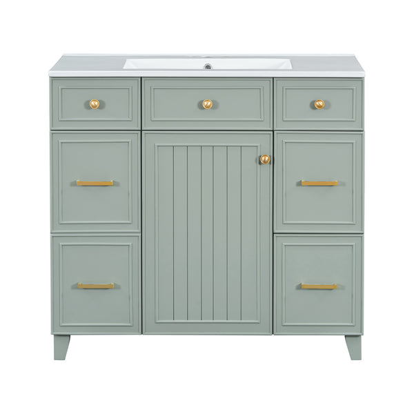 Transitional Green 36-Inch Bathroom Vanity with Ceramic Sink, Solid Wood Frame, Soft Close Doors, Adjustable Shelves, and Hairdryer Storage